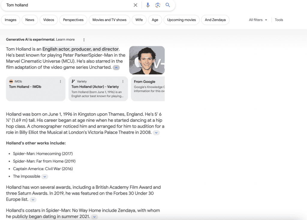 Google SGE Tom Holland