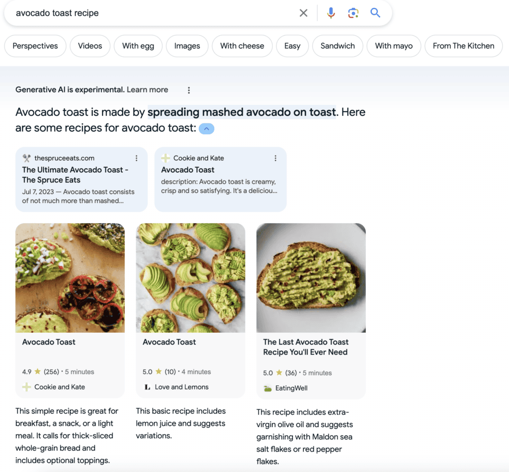 Google Search Generative Experience Avocado Toast